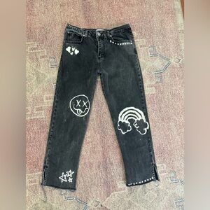 Sincerely Jules size 26 embellished black straight leg jeans bleach graffiti